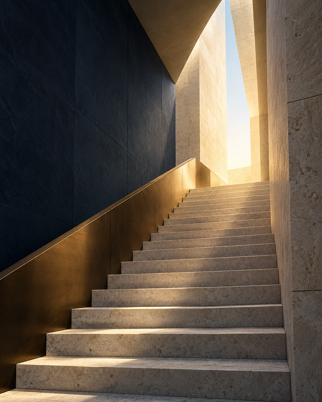 Sculptural stone architecture rising towards warm natural light